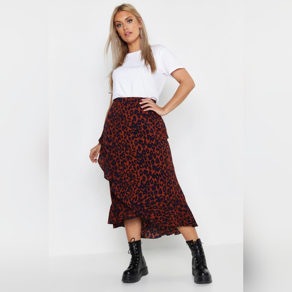 NWT Boohoo Ruffle Leopard Wrap Midi Skirt Plus Size 14 Cheetah Animal Print